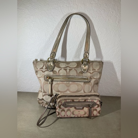 Coach Monogram Champagne with Pink Purse and Matching Wristlet Wallet - Picture 1 of 8